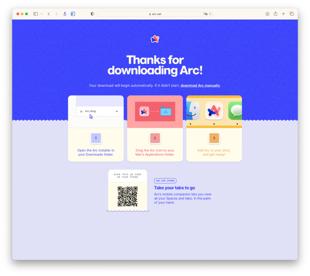 Une fenêtre Safari qui montre la page d'accueil du navigateur Arc
