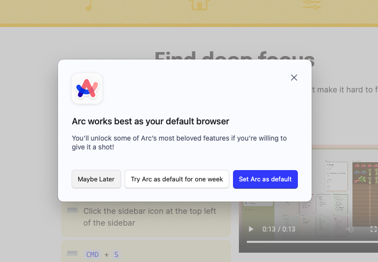Une fenêtre qui incite l'utilisateur à faire d'Arc le navigateur par défaut ou de l'essayer pendant une semaine.